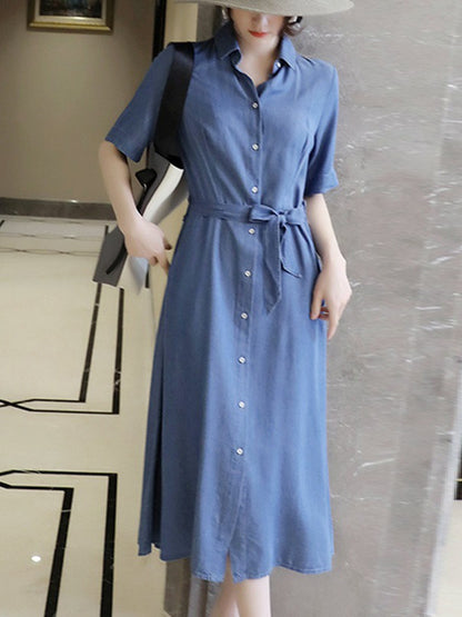 Urban Denim Blue Belted Lapel Short Sleeves Oversize Midi Dress