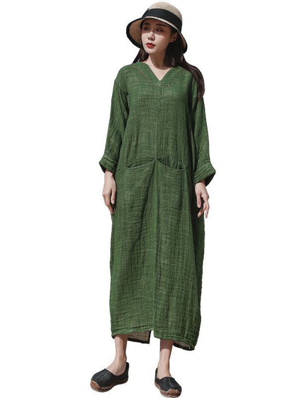 Artistic Retro Solid V-Neck Dress