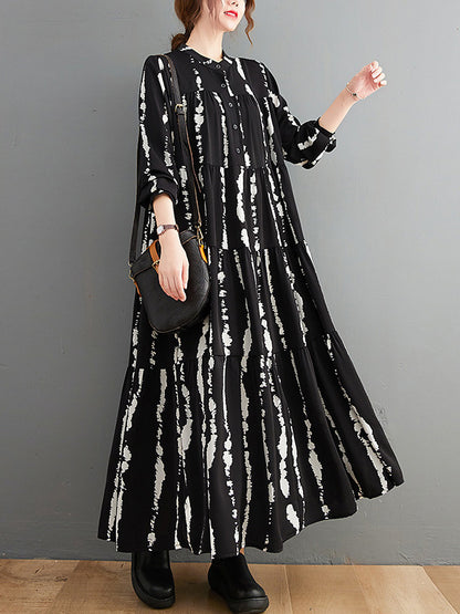Stylish Buttoned Printed Long Sleeves Stand Collar Loose Midi Dress