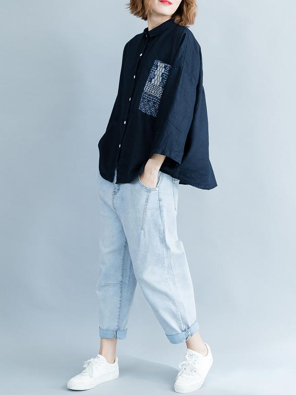 Loose Floral Printed Lapel Long Sleeves BLouses