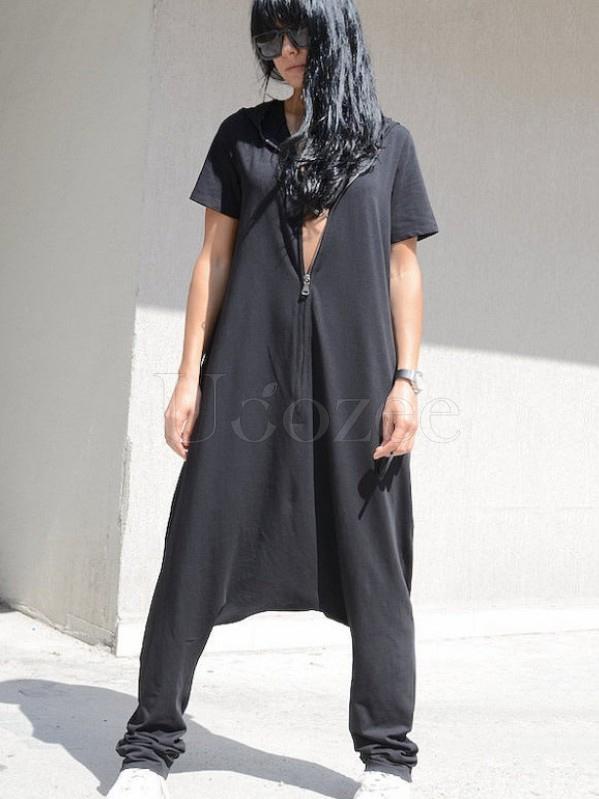 Loose Black Zipper Short Sleeves Jumpsuits