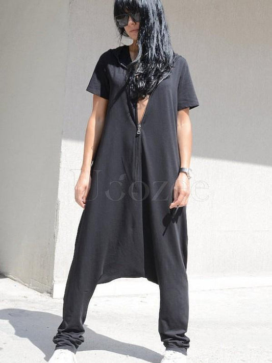 Loose Black Zipper Short Sleeves Jumpsuits