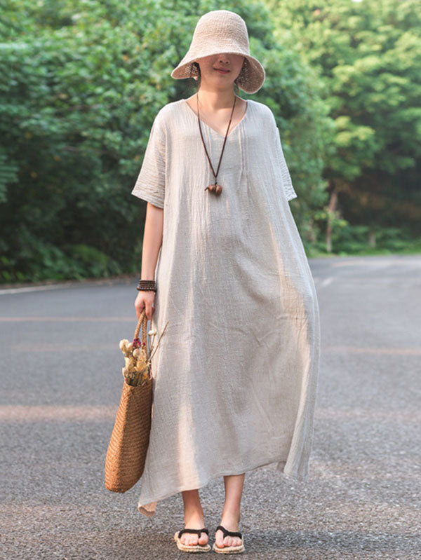 Simple Ramie Cotton V-Neck Short Sleeve Midi Dress