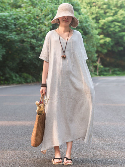 Simple Ramie Cotton V-Neck Short Sleeve Midi Dress