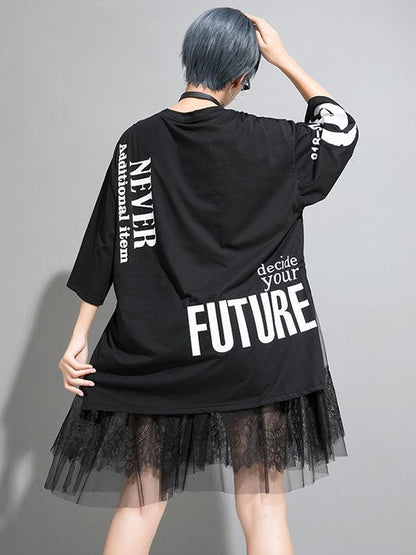 Mesh Asymmetric Printed Split-joint T-Shirt Dress