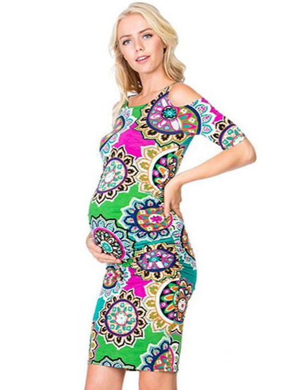 Maternity Printed Cold Shoulder Round-neck Mini Dress