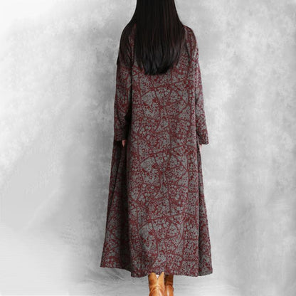 Buykud Retro Plant Printed Casual Loose Dress