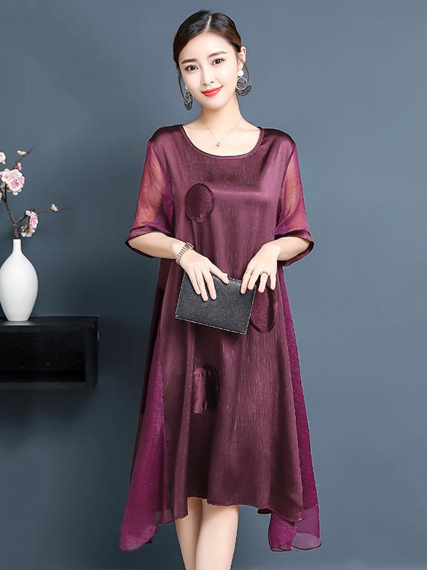Plus Size Solid Color A-line Round-neck Mini Dress