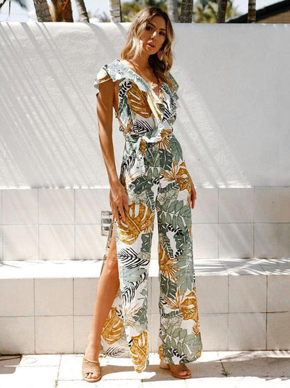 Printed Leaf Pattern Falbala Bohemia Jumpsuits