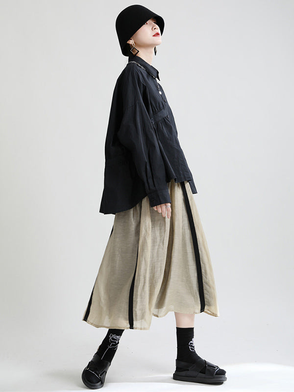 Original Irregular Solid Color Split-Joint Pleated Buttoned Lapel Collar Long Sleeves Blouse