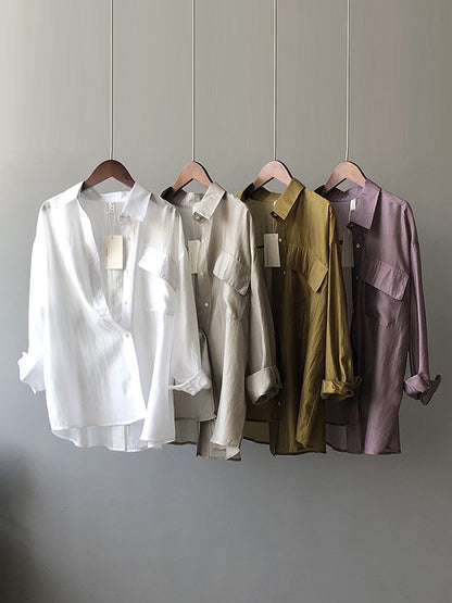 Casual Loose Solid Color Lapel Collar Long Sleeves Shirts