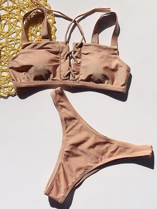 Solid Color Bandage  Split Bikini Swimsuit