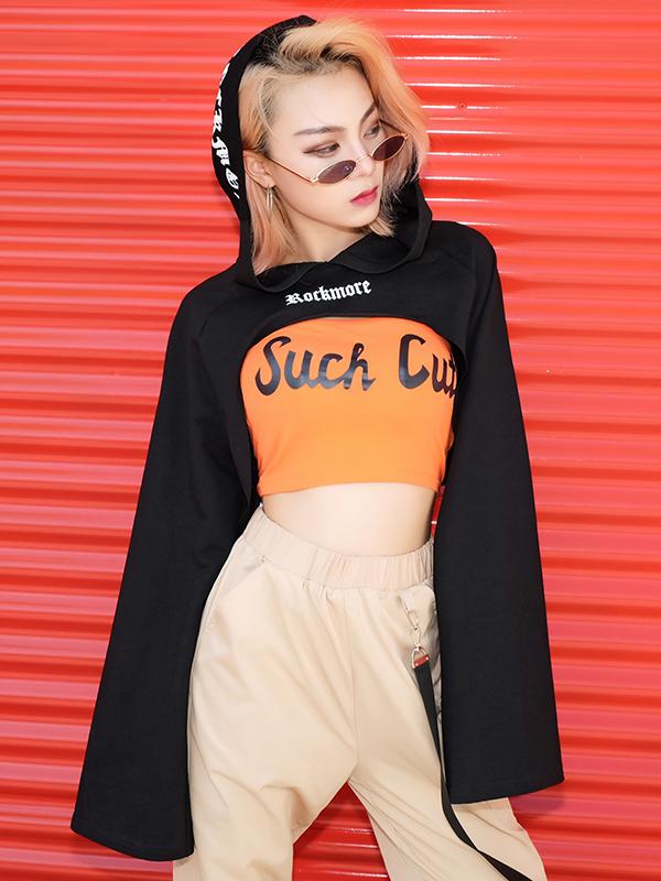 Fashion Letters Printed Flared Sleeves Short Hoodies&Sweatshirt Tops