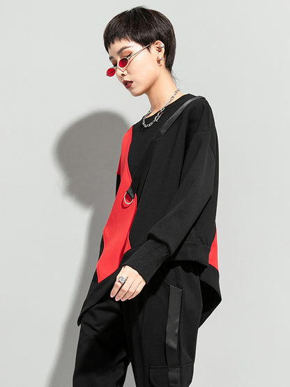 Stylish Black&Red Asymmetric Contrast Color Round-Neck Long Sleeves T-Shirt