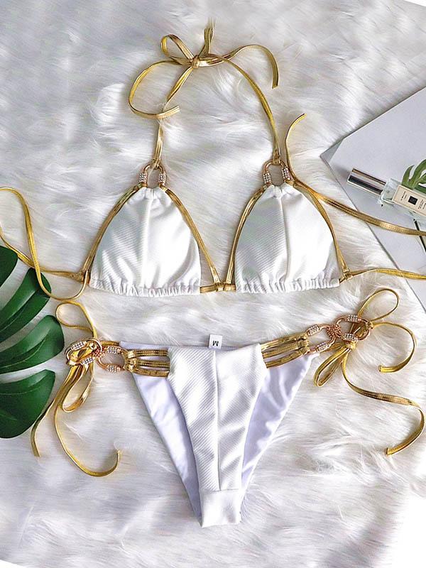 Solid Color Bandage Split Bikini Swimsuit