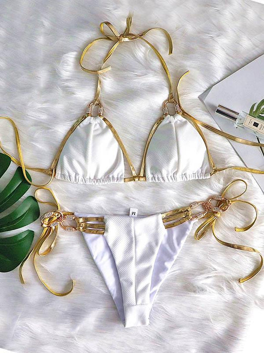 Solid Color Bandage Split Bikini Swimsuit