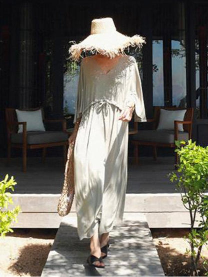 Loose Gray V-neck Elastic Waist Long Dress