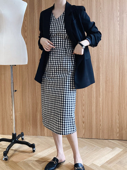 Original Plaid V-Neck Puff Sleeve Empire Midi Dress