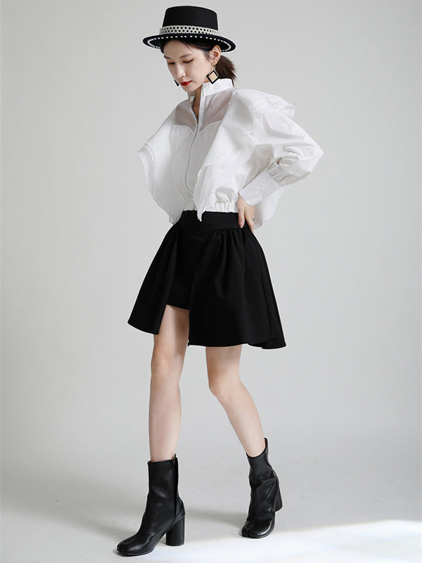 Stylish Solid Color Split-Joint Mesh Falbala Zipper Stand Collar Long Sleeves Outwear
