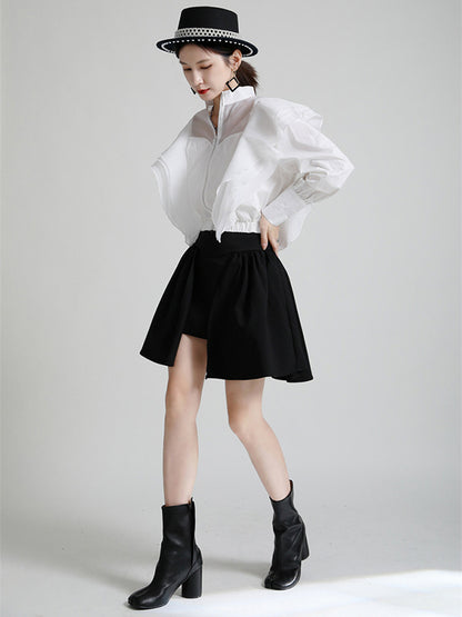 Stylish Solid Color Split-Joint Mesh Falbala Zipper Stand Collar Long Sleeves Outwear