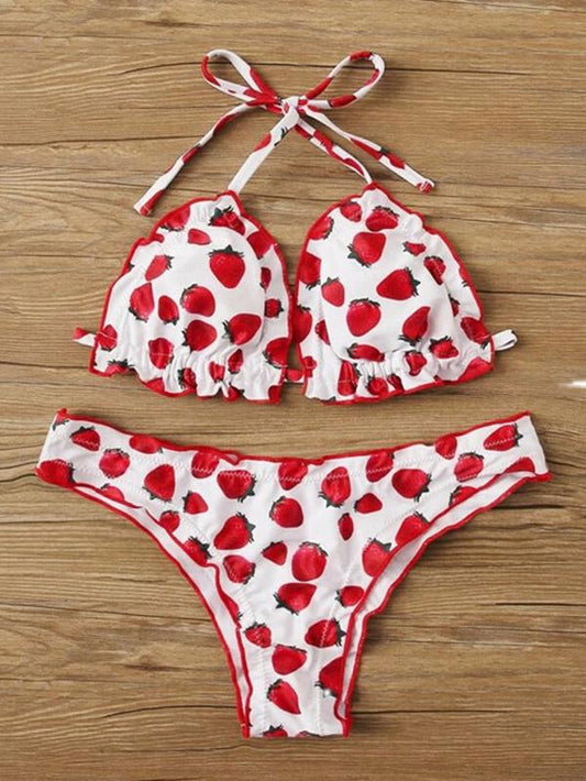 Strawberry Print Ruffled Triangle Split Bikini Swimsuit