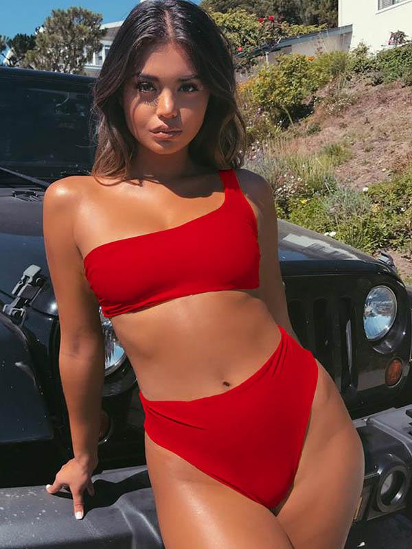 Single Shoulder High Waist Bikinis Swimwear