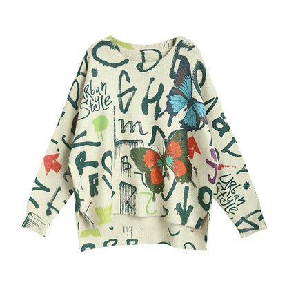 Buykud Butterfly Print High Low Hem Pullover Sweater