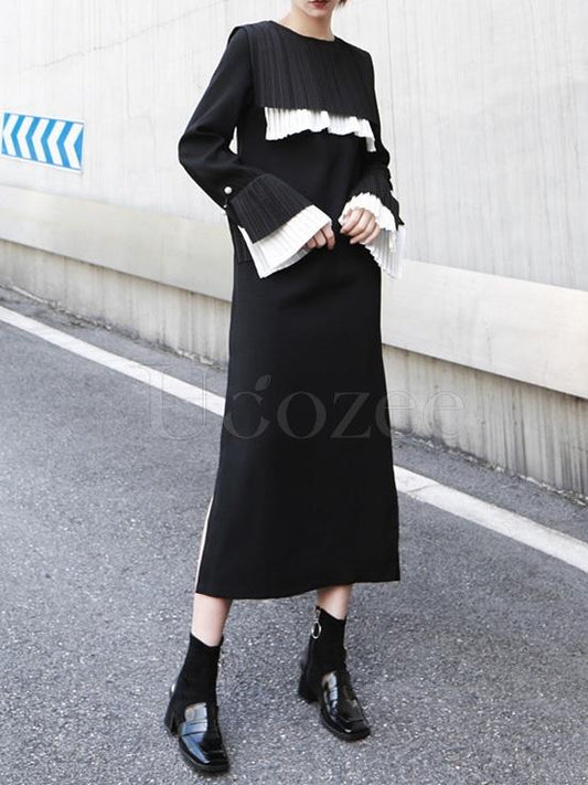 Retro Split-side Ruffled Pleated Long Dress