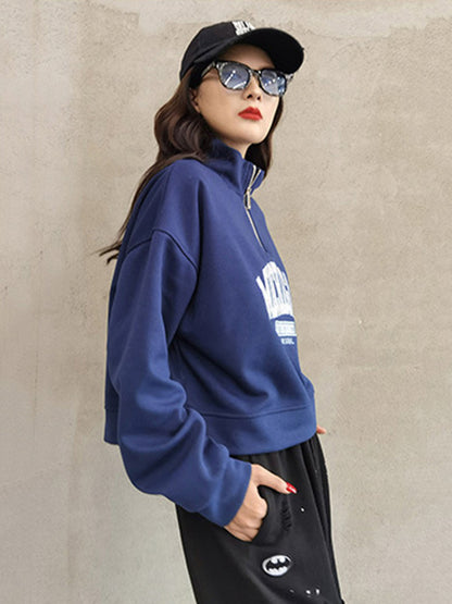 Casual Letter Printed Zipper High-Neck Long Sleeves Sweatshirts