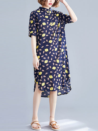 Artistic Retro Loose Contrast Color Printed Midi Shirt Dress