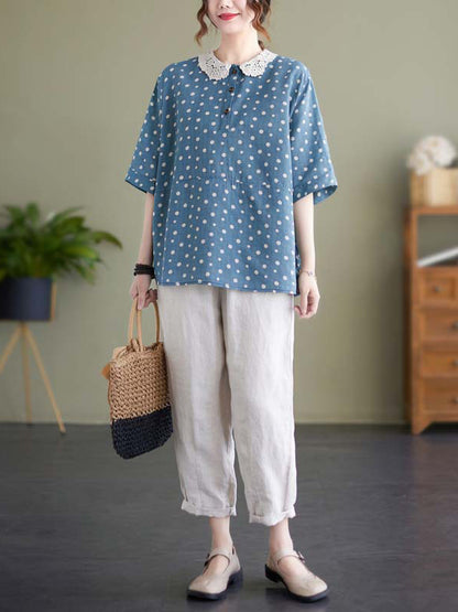 Artistic Retro Loose Polka-Dot Hollow Lace Peter Pan Collar Blouse