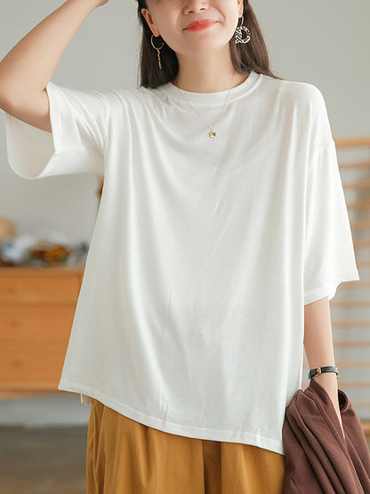 Casual Simple Solid Color Loose Round-Neck Half Sleeves T-Shirt