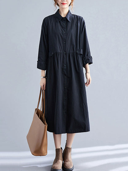 Casual Solid Color Pleated Buttoned Lapel Collar Long Sleeves Midi Shirt Dress