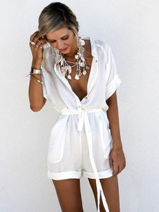 Solid Color Shirt Short Jumpsuits