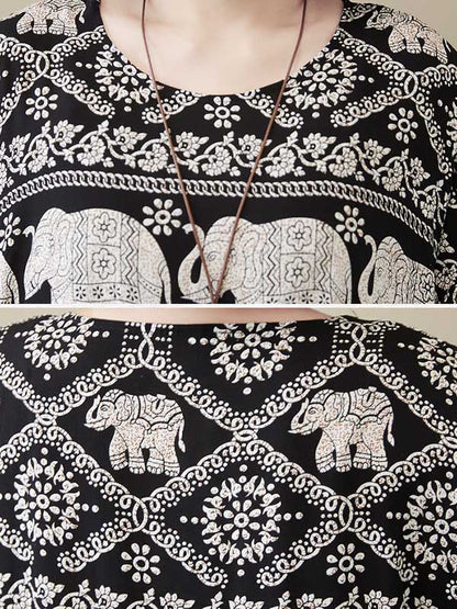 National Floral Ethnic Printed Pleated Round-Neck Half Sleeves Midi Dress