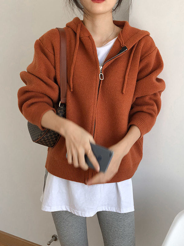 Fashion Solid Knitted Long Sleeves Hooded Outerwear