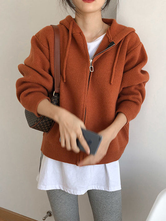 Fashion Solid Knitted Long Sleeves Hooded Outerwear