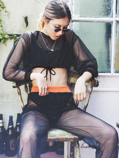 Hooded Mesh Lace-up Midriff-baring Hoodies & Jackets