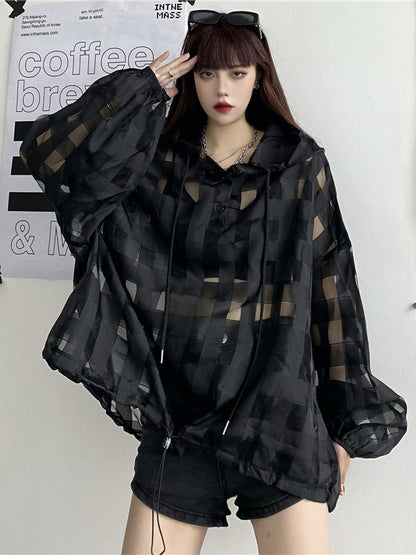Stylish Solid Color Hollow Drawstring Buttoned Hooded Long Sleeves Sun-Protection Outwear