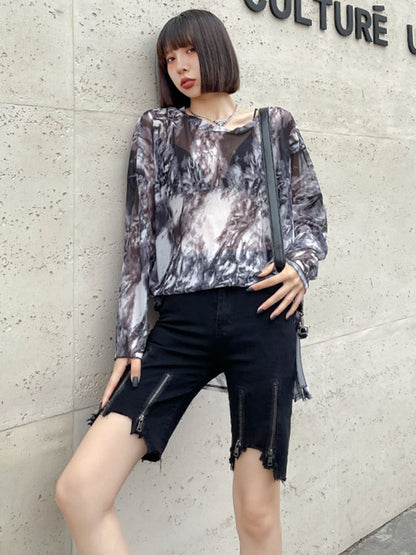 Hip-Hop Stylish Black Irregular Clipping Fringed Zipper Wrap Denim Shorts