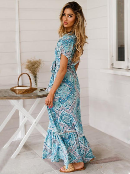 Hollow Printed Bow- Bohemia Maxi Dress