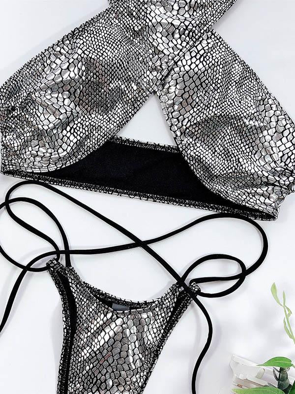 Snake-Print Bandage Split Bikini Swimsuit