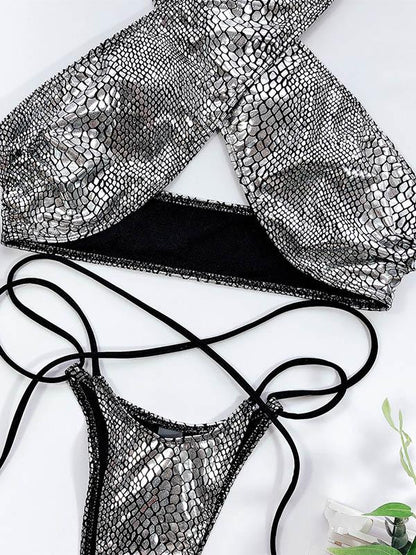 Snake-Print Bandage Split Bikini Swimsuit