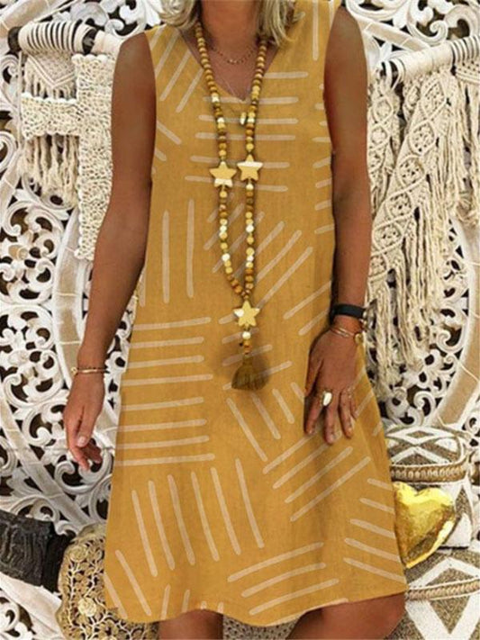 Striped Printed V-neck Sleeveless Midi Dress