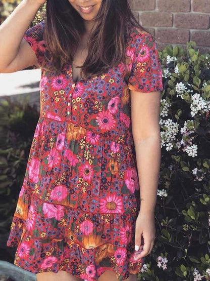 Printed V-neck Short Sleeve Mini Dress