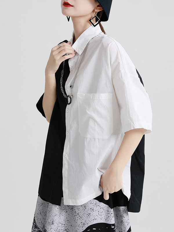 Original Contrast Color Split-Joint With Pocket Buttoned Lapel Color Long Sleeves Blouse