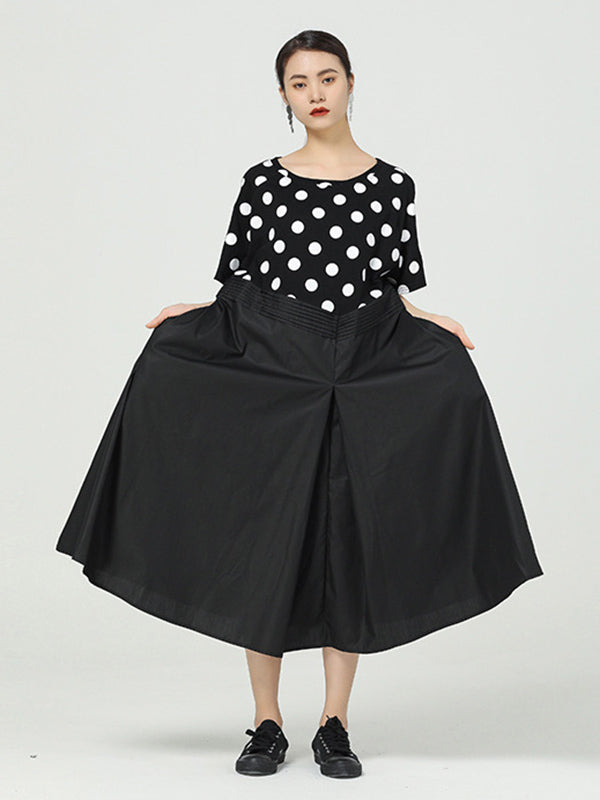 Original Split-Joint Polka-Dot Contrast Color Round-Neck Short Sleeves Midi Dress