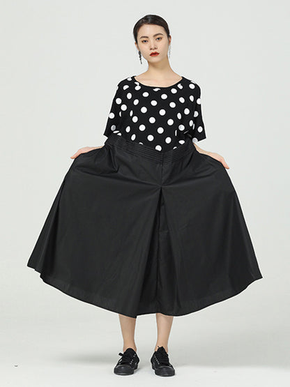 Original Split-Joint Polka-Dot Contrast Color Round-Neck Short Sleeves Midi Dress