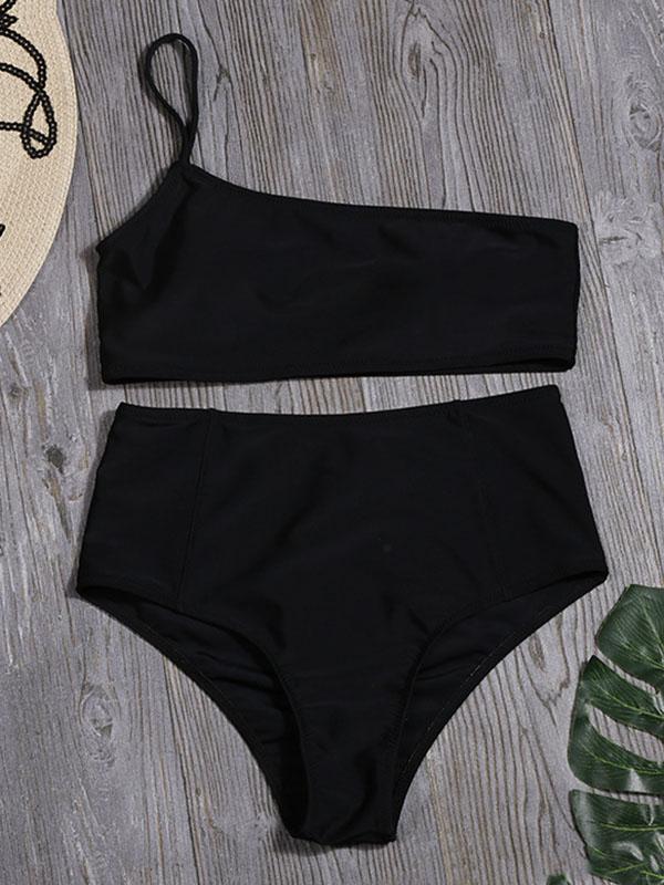 One-Shoulder Solid Color Split Bikini Swimsuit