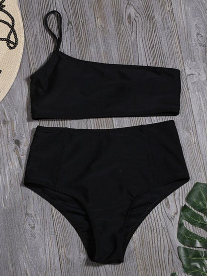 One-Shoulder Solid Color Split Bikini Swimsuit